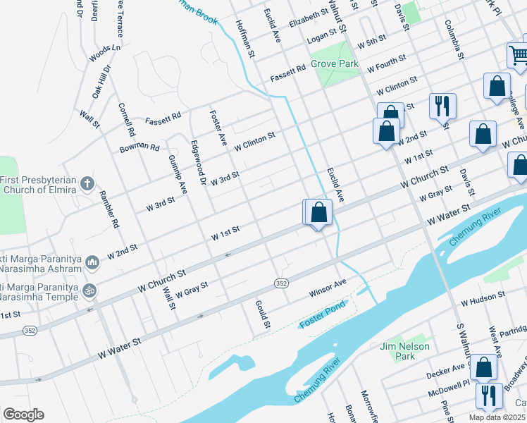 map of restaurants, bars, coffee shops, grocery stores, and more near 731 West 1st Street in Elmira