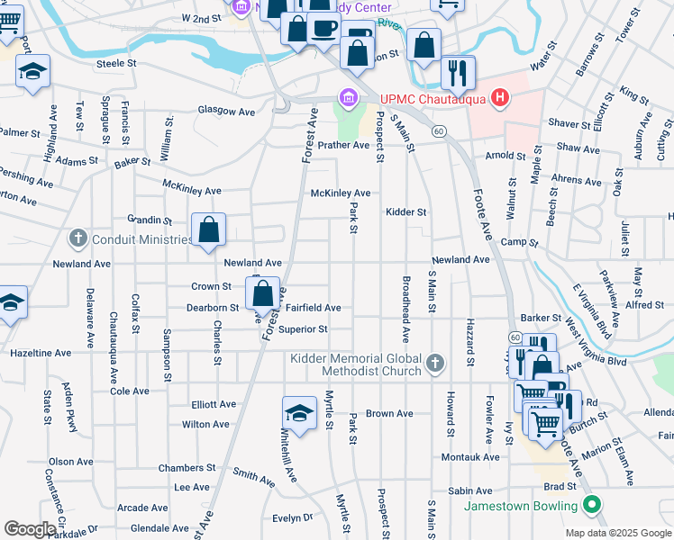 map of restaurants, bars, coffee shops, grocery stores, and more near 106 Park Street in Jamestown