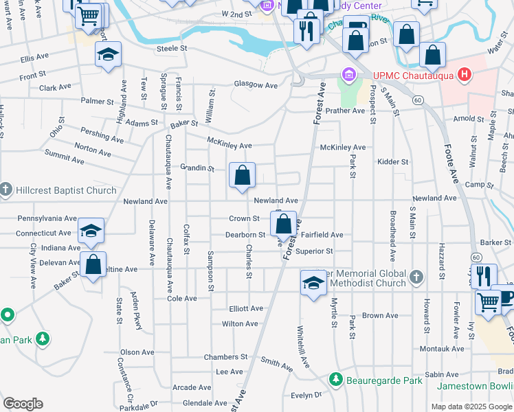 map of restaurants, bars, coffee shops, grocery stores, and more near 110 Charles Street in Jamestown