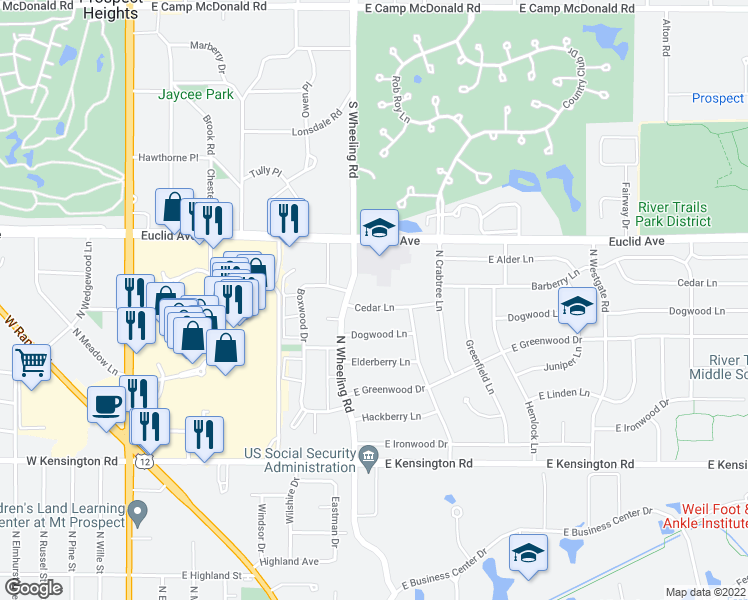 map of restaurants, bars, coffee shops, grocery stores, and more near 603 Cedar Lane in Mount Prospect