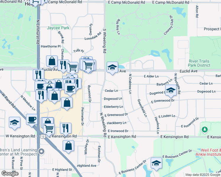 map of restaurants, bars, coffee shops, grocery stores, and more near 603 Cedar Lane in Mount Prospect