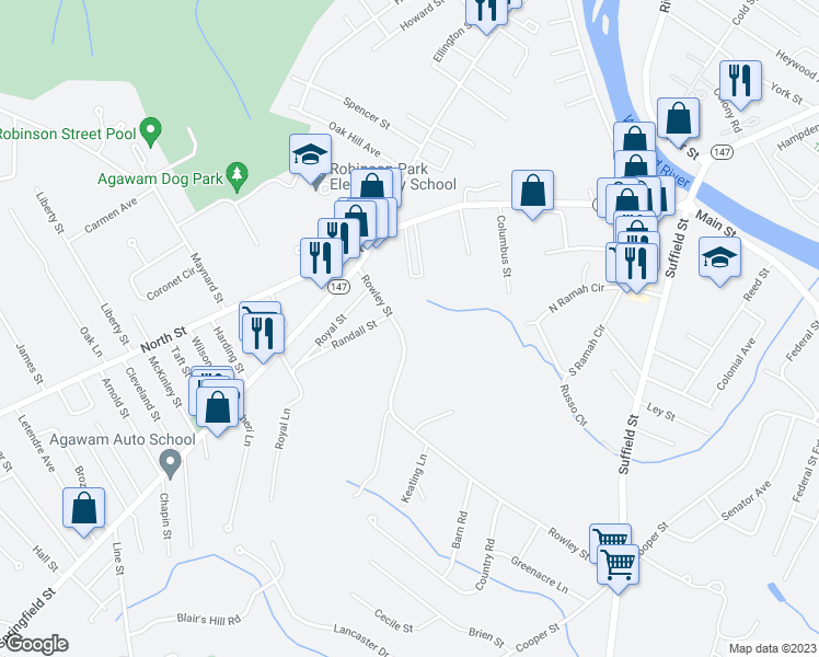 map of restaurants, bars, coffee shops, grocery stores, and more near 61 Rowley Street in Agawam