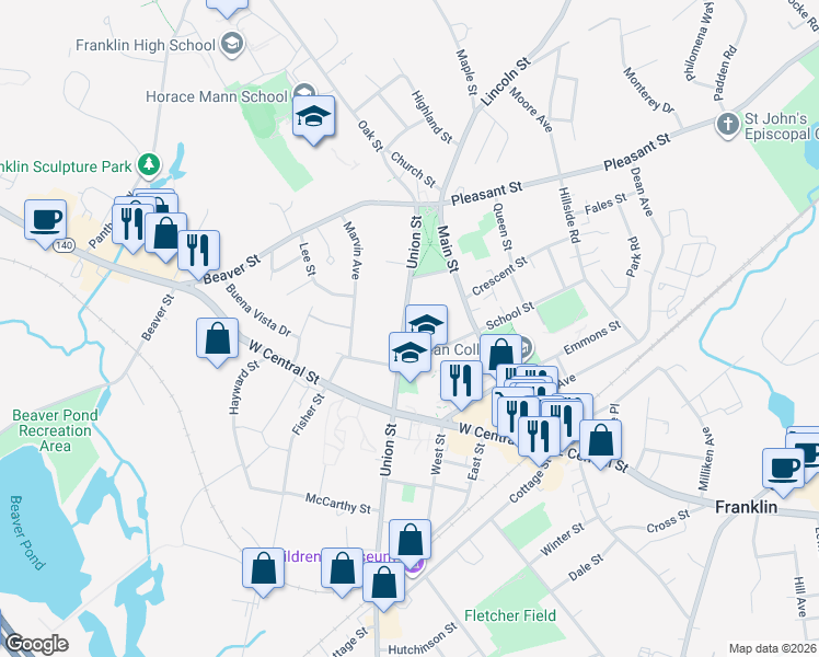 map of restaurants, bars, coffee shops, grocery stores, and more near 121 Union Street in Franklin