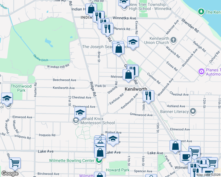 map of restaurants, bars, coffee shops, grocery stores, and more near 369 Sterling Road in Kenilworth