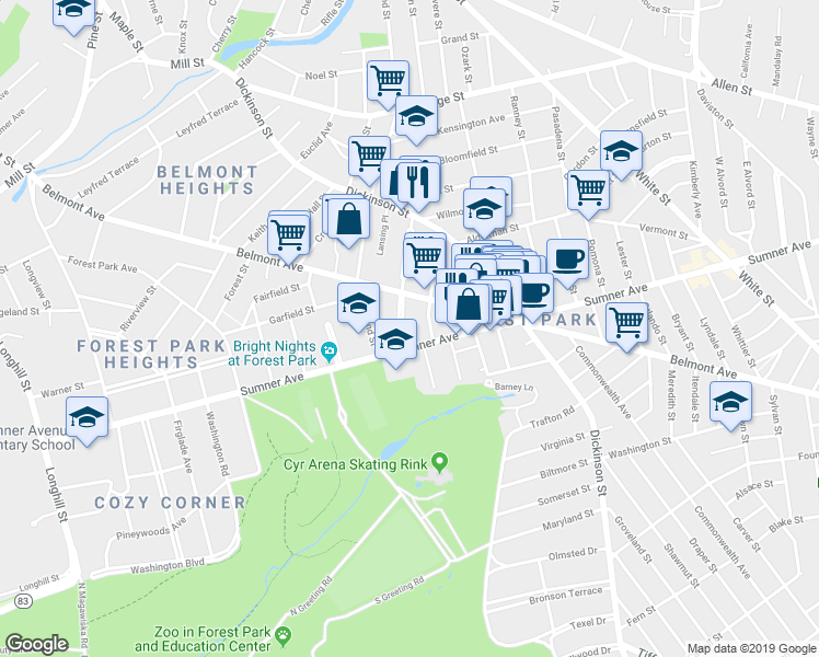 map of restaurants, bars, coffee shops, grocery stores, and more near 9 Kenwood Terrace in Springfield