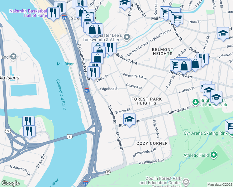 map of restaurants, bars, coffee shops, grocery stores, and more near 14-16 Cloverdale Street in Springfield