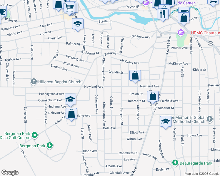 map of restaurants, bars, coffee shops, grocery stores, and more near 118 Colfax Street in Jamestown