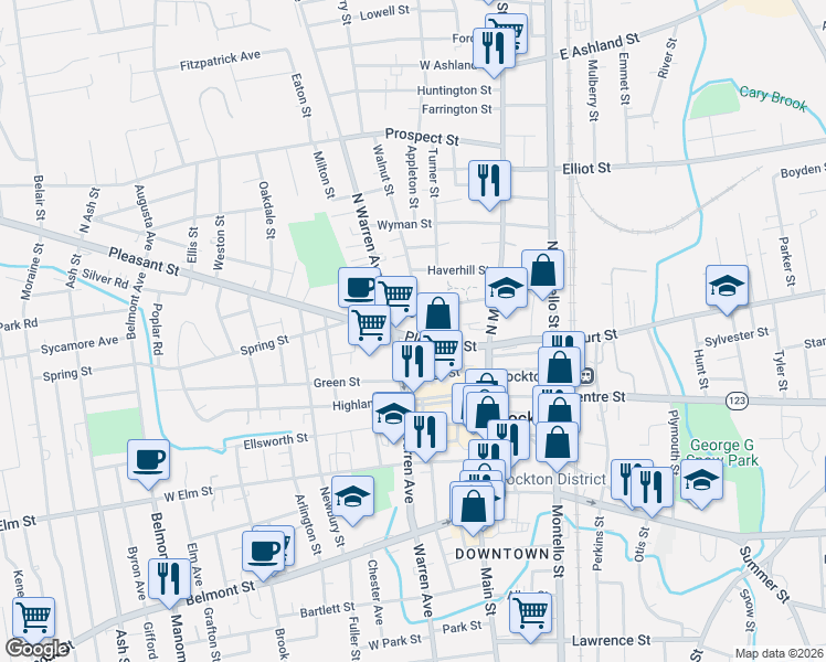 map of restaurants, bars, coffee shops, grocery stores, and more near 105 Pleasant Street in Brockton