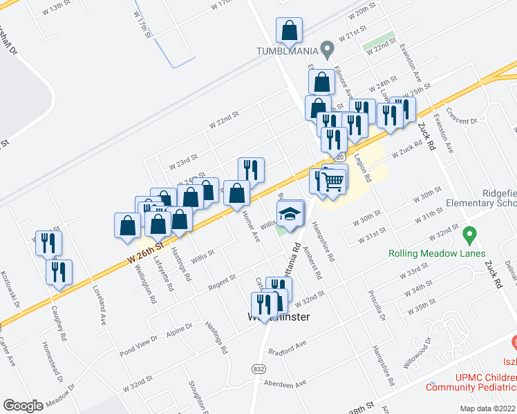 map of restaurants, bars, coffee shops, grocery stores, and more near 2610 Greeley Avenue in Erie