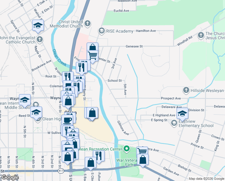 map of restaurants, bars, coffee shops, grocery stores, and more near 709 Front Street in Olean