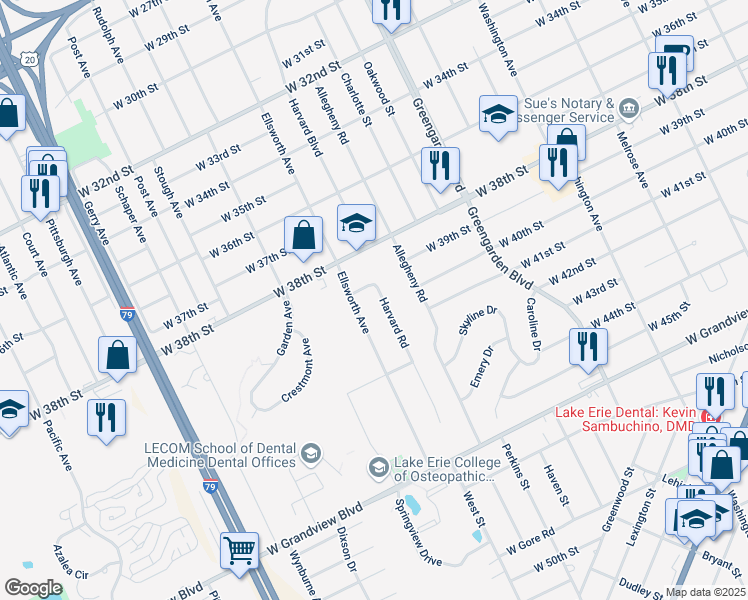 map of restaurants, bars, coffee shops, grocery stores, and more near 4001 Ellsworth Ave in Erie