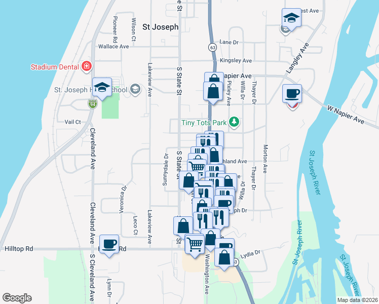 map of restaurants, bars, coffee shops, grocery stores, and more near 711 Gard Avenue in St. Joseph