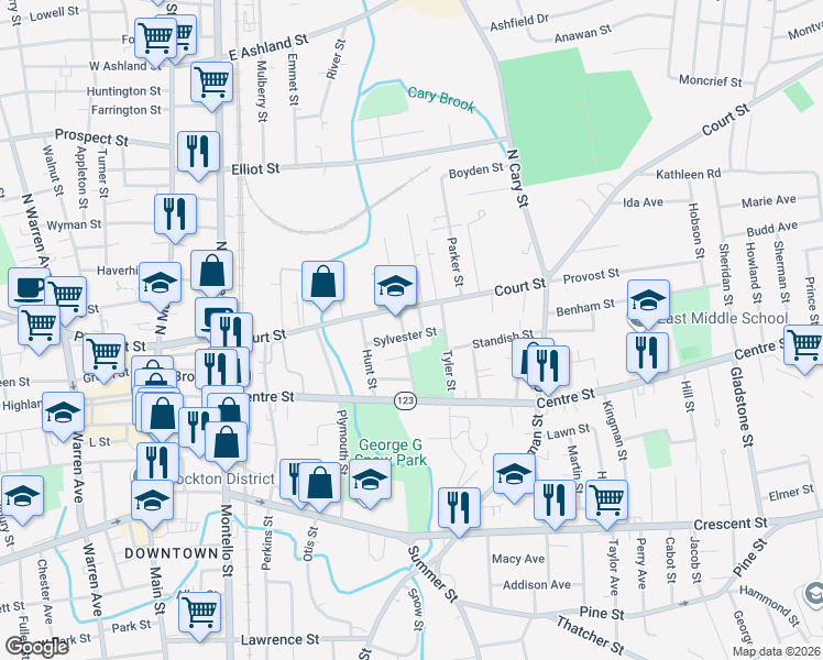 map of restaurants, bars, coffee shops, grocery stores, and more near 40 Sylvester Street in Brockton