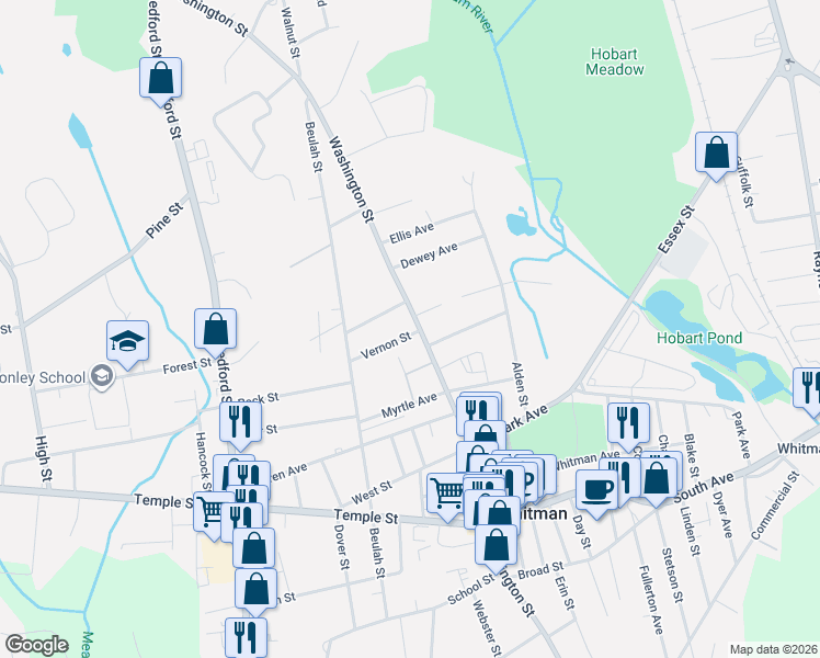 map of restaurants, bars, coffee shops, grocery stores, and more near 26 Vernon Street in Whitman