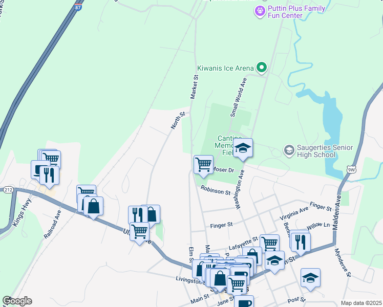 map of restaurants, bars, coffee shops, grocery stores, and more near 250 Market Street in Saugerties