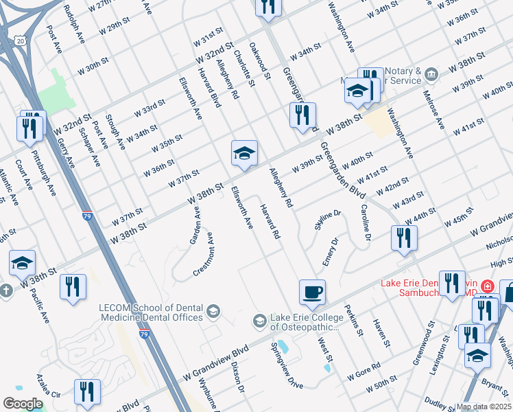 map of restaurants, bars, coffee shops, grocery stores, and more near 4001 Ellsworth Ave in Erie
