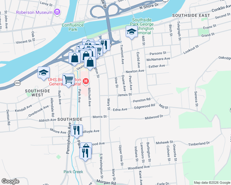 map of restaurants, bars, coffee shops, grocery stores, and more near 22 James Street in Binghamton