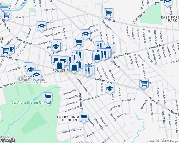 map of restaurants, bars, coffee shops, grocery stores, and more near 35 Daytona Street in Springfield