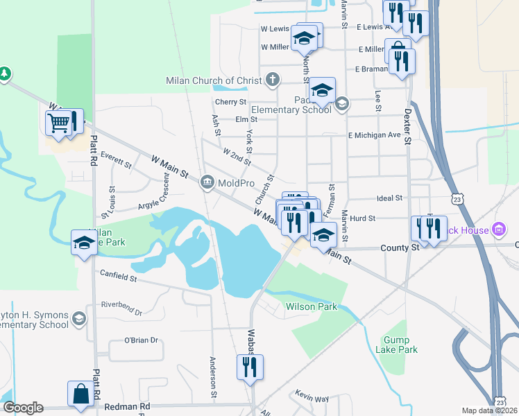 map of restaurants, bars, coffee shops, grocery stores, and more near 94 West Main Street in Milan