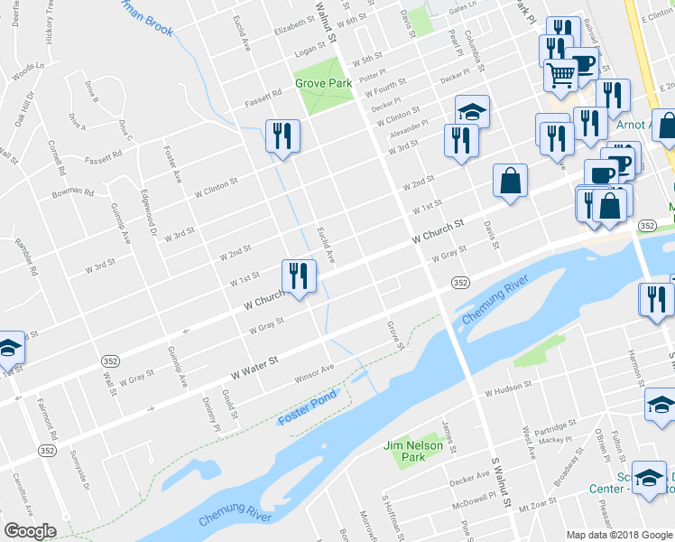 map of restaurants, bars, coffee shops, grocery stores, and more near W Church St & Euclid Ave in Elmira