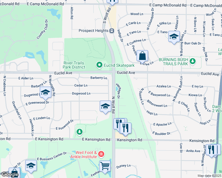 map of restaurants, bars, coffee shops, grocery stores, and more near 1114 Heritage Drive in Mount Prospect