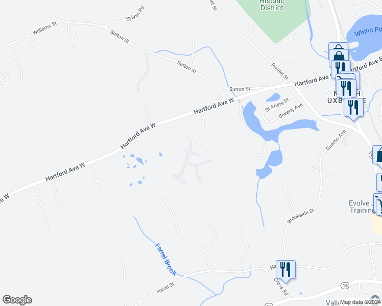 map of restaurants, bars, coffee shops, grocery stores, and more near 1 Jefferson Court in Uxbridge