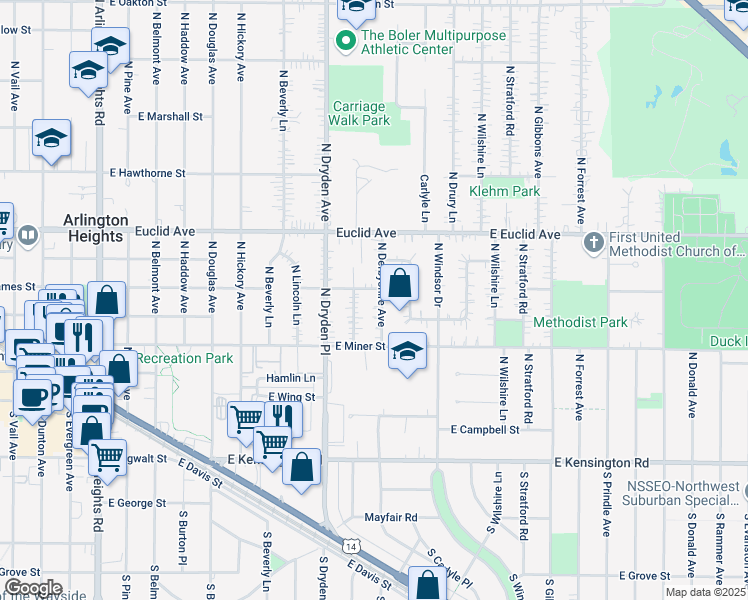 map of restaurants, bars, coffee shops, grocery stores, and more near 222 North Derbyshire Avenue in Arlington Heights