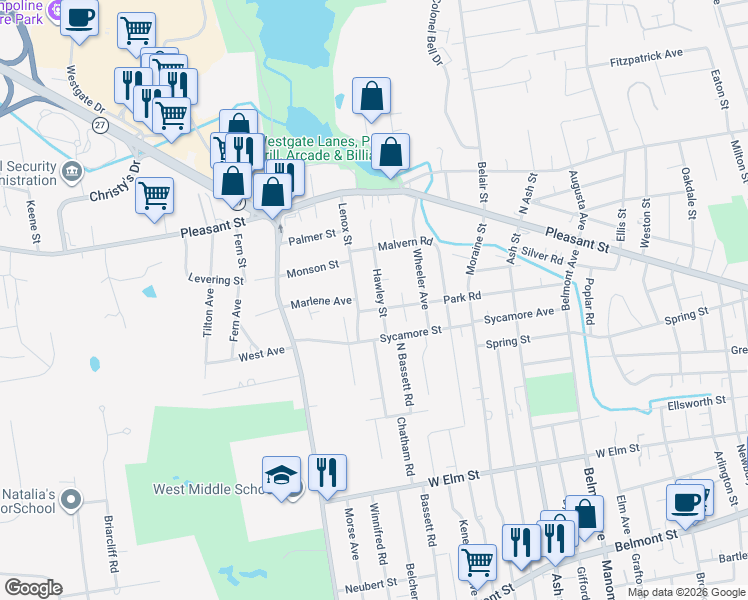 map of restaurants, bars, coffee shops, grocery stores, and more near 118 Hawley Street in Brockton