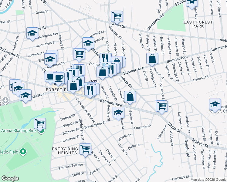 map of restaurants, bars, coffee shops, grocery stores, and more near 68 Lyndale Street in Springfield