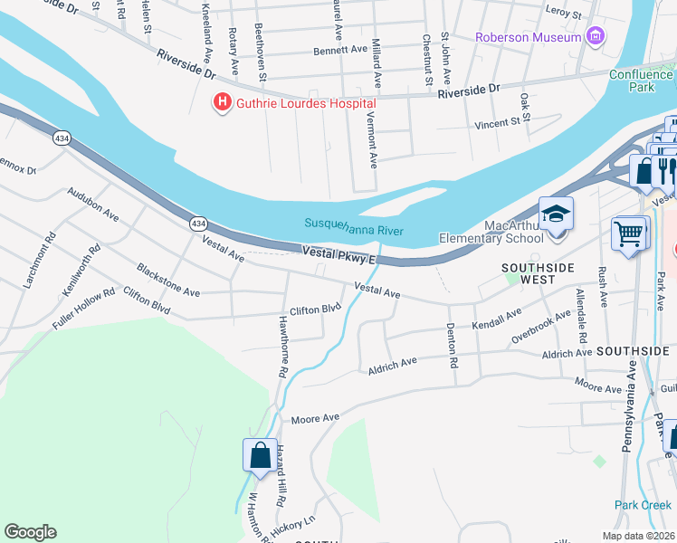 map of restaurants, bars, coffee shops, grocery stores, and more near 978 Vestal Avenue in Binghamton