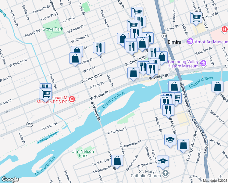 map of restaurants, bars, coffee shops, grocery stores, and more near 411 West Water Street in Elmira