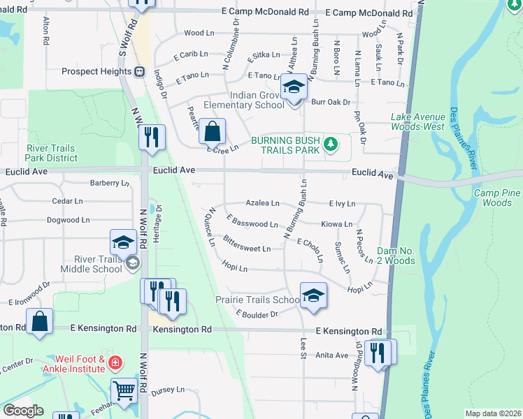 map of restaurants, bars, coffee shops, grocery stores, and more near 1822 North Basswood Lane in Mount Prospect