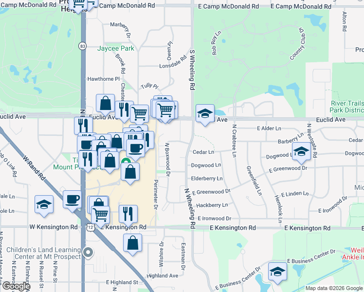map of restaurants, bars, coffee shops, grocery stores, and more near 1165 North Boxwood Drive in Mount Prospect