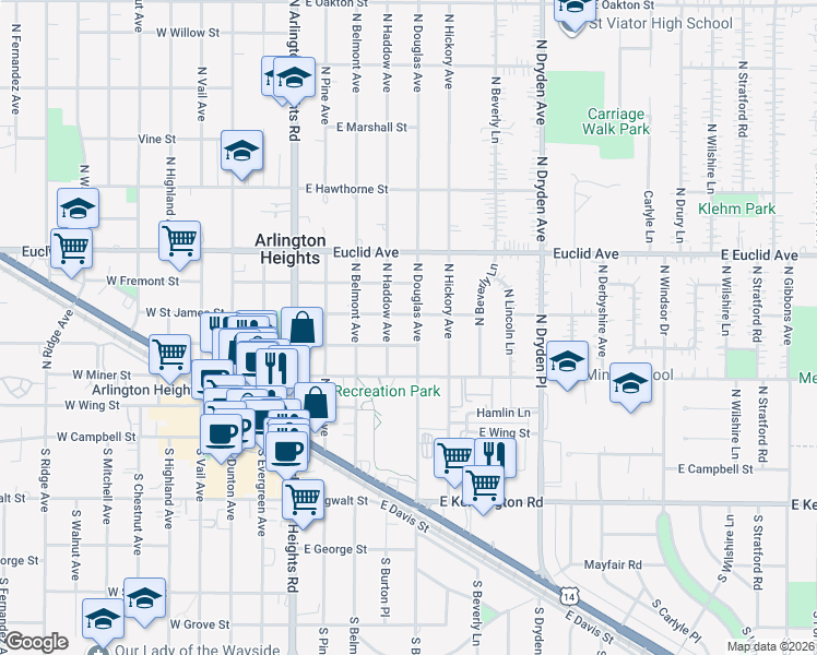 map of restaurants, bars, coffee shops, grocery stores, and more near 215 North Haddow Avenue in Arlington Heights