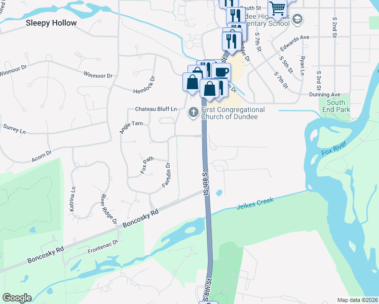 map of restaurants, bars, coffee shops, grocery stores, and more near 1149 Fairhills Drive in West Dundee