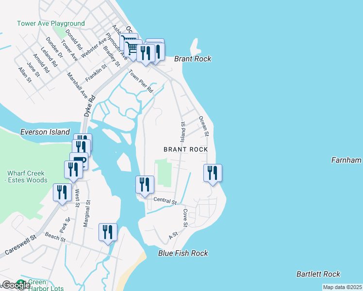 map of restaurants, bars, coffee shops, grocery stores, and more near Island Street in Marshfield