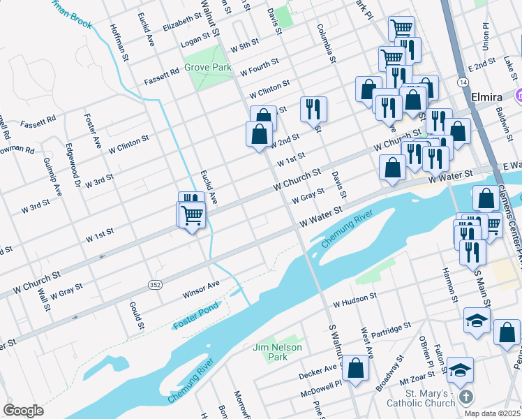 map of restaurants, bars, coffee shops, grocery stores, and more near 518 West Gray Street in Elmira