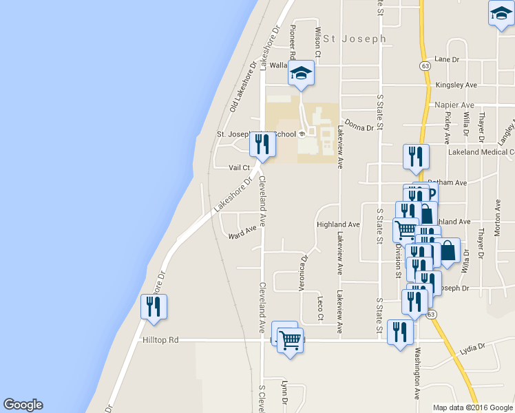 map of restaurants, bars, coffee shops, grocery stores, and more near 2800 Cleveland Avenue in Saint Joseph