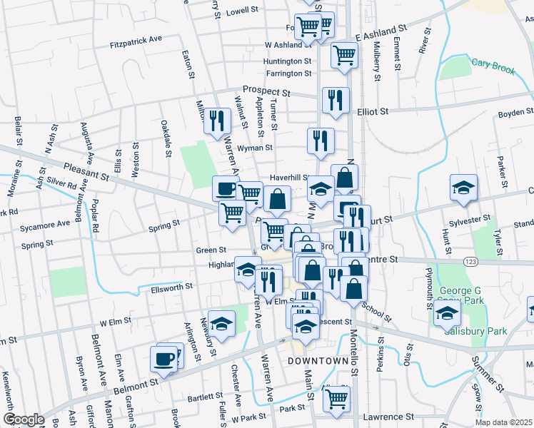 map of restaurants, bars, coffee shops, grocery stores, and more near 74 Pleasant Street in Brockton
