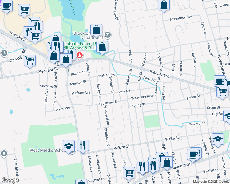 map of restaurants, bars, coffee shops, grocery stores, and more near 113 Wheeler Avenue in Brockton