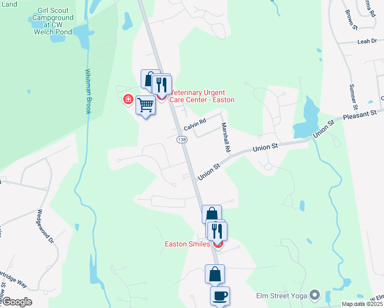 map of restaurants, bars, coffee shops, grocery stores, and more near 64 Washington Street in Easton