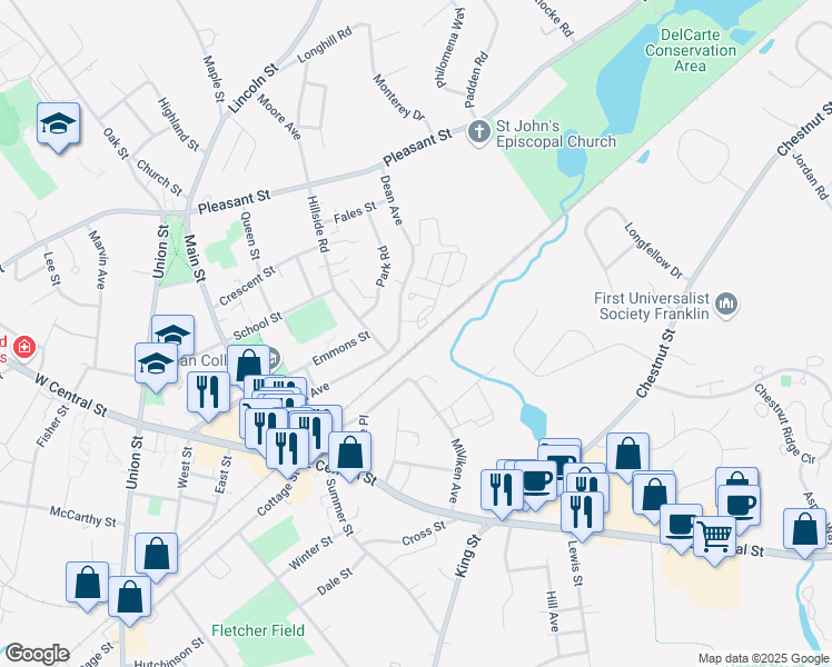 map of restaurants, bars, coffee shops, grocery stores, and more near 113 Dean Avenue in Franklin
