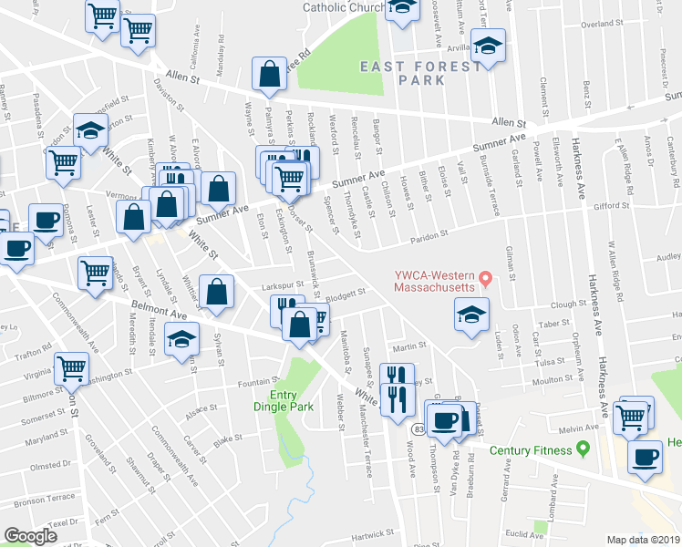 map of restaurants, bars, coffee shops, grocery stores, and more near 44 Blodgett Street in Springfield
