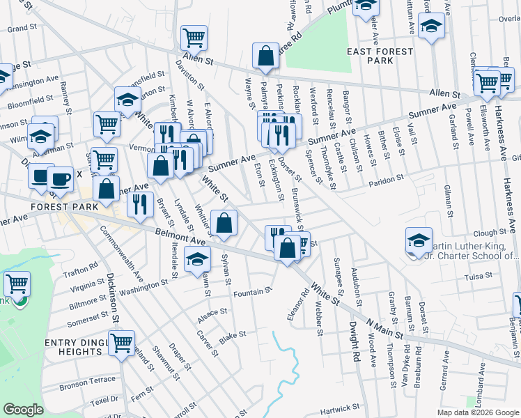map of restaurants, bars, coffee shops, grocery stores, and more near 573 White Street in Springfield