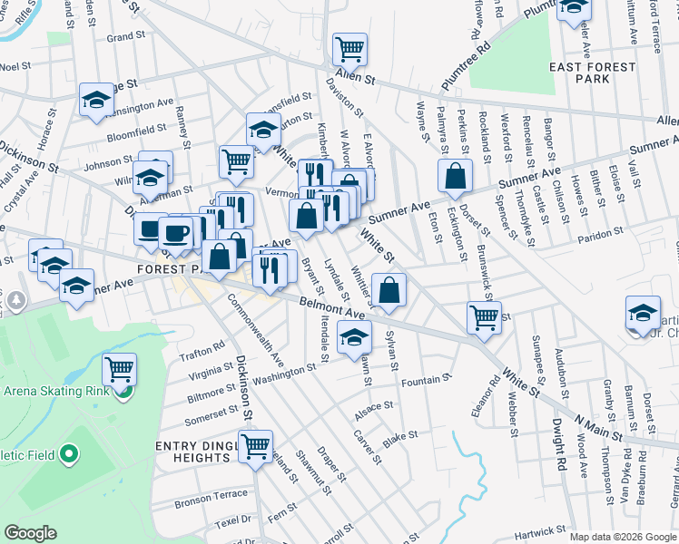 map of restaurants, bars, coffee shops, grocery stores, and more near 68 Lyndale Street in Springfield