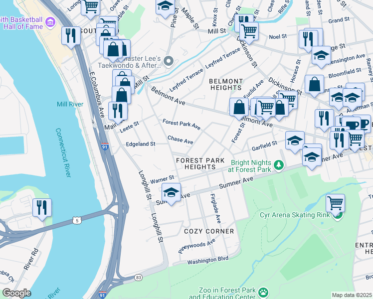 map of restaurants, bars, coffee shops, grocery stores, and more near 50 Riverview Terrace in Springfield