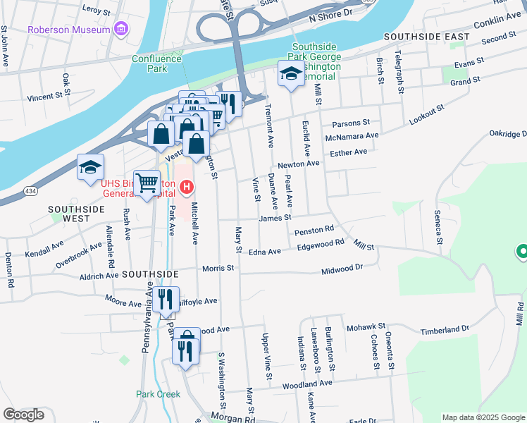 map of restaurants, bars, coffee shops, grocery stores, and more near 22 James Street in Binghamton