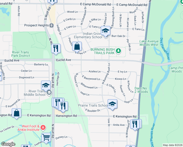 map of restaurants, bars, coffee shops, grocery stores, and more near 1808 North Basswood Lane in Mount Prospect