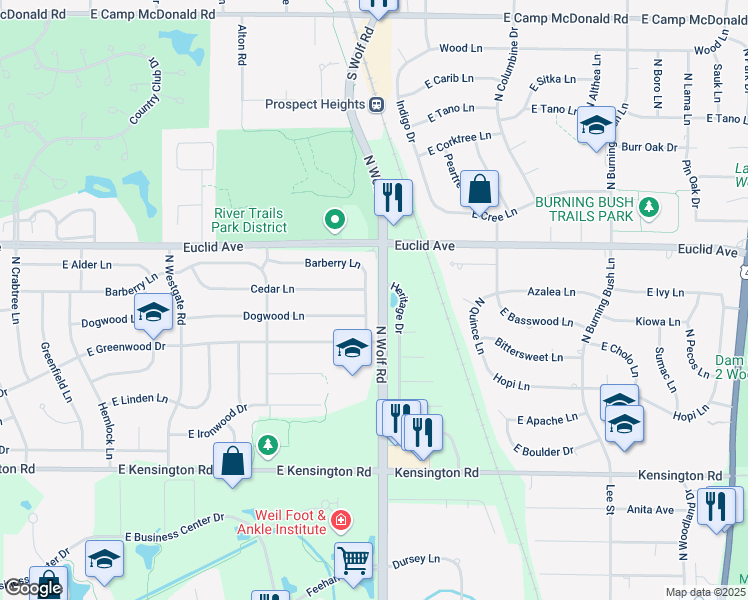 map of restaurants, bars, coffee shops, grocery stores, and more near 1114 Heritage Drive in Mount Prospect