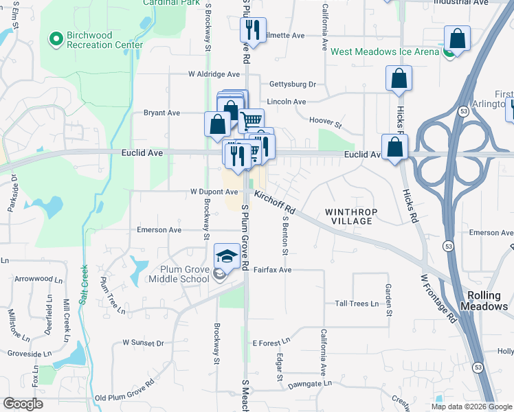 map of restaurants, bars, coffee shops, grocery stores, and more near 302 Fairfax in Rolling Meadows